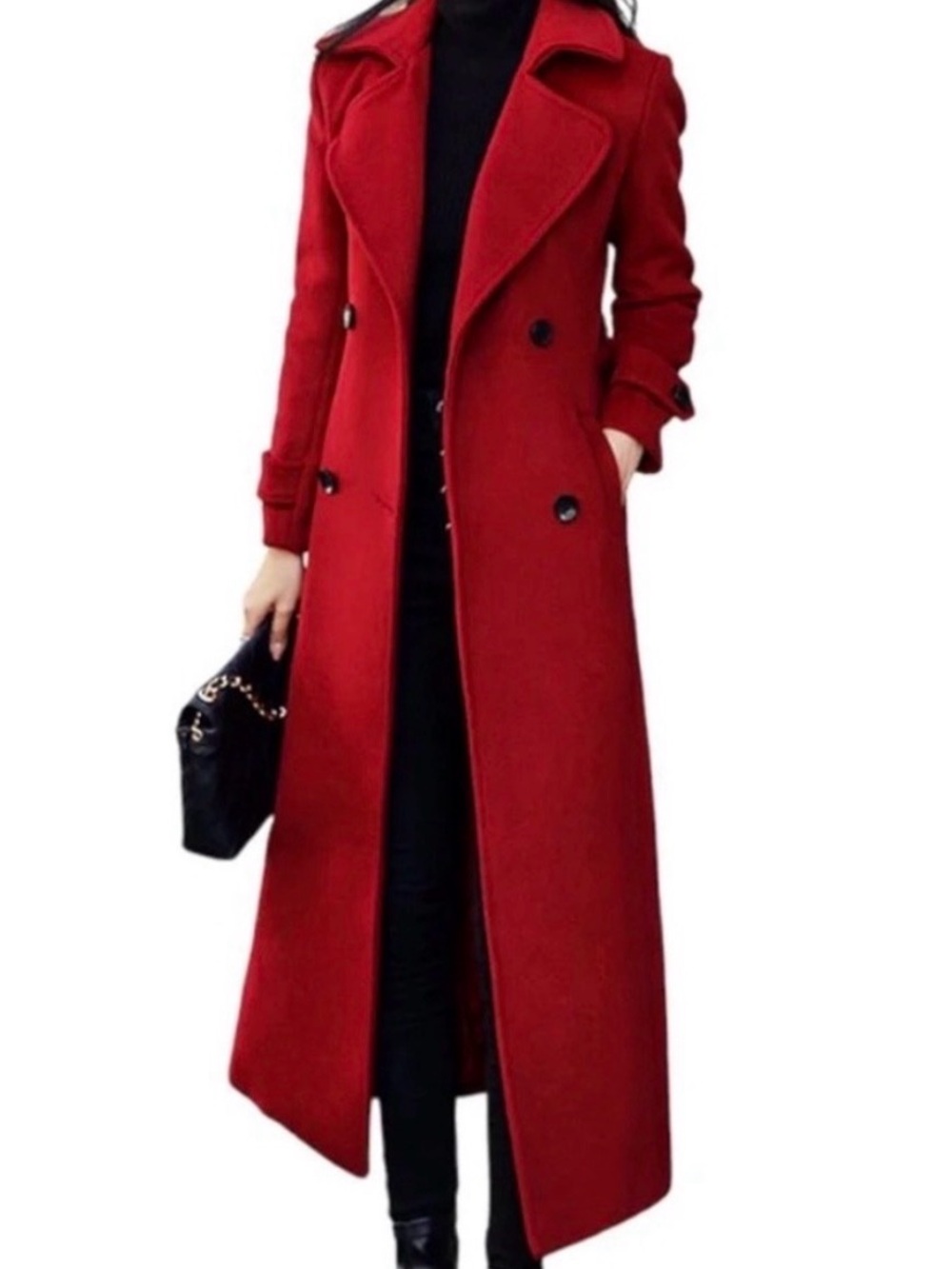 Double-Breasted Long Red Trench Coat